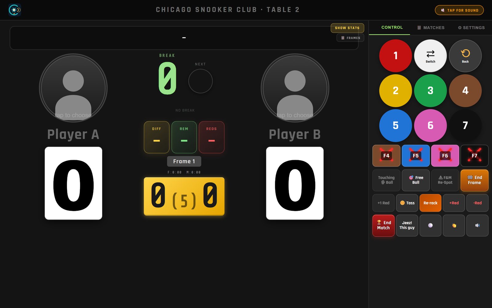 Pro console — ball-by-ball table control