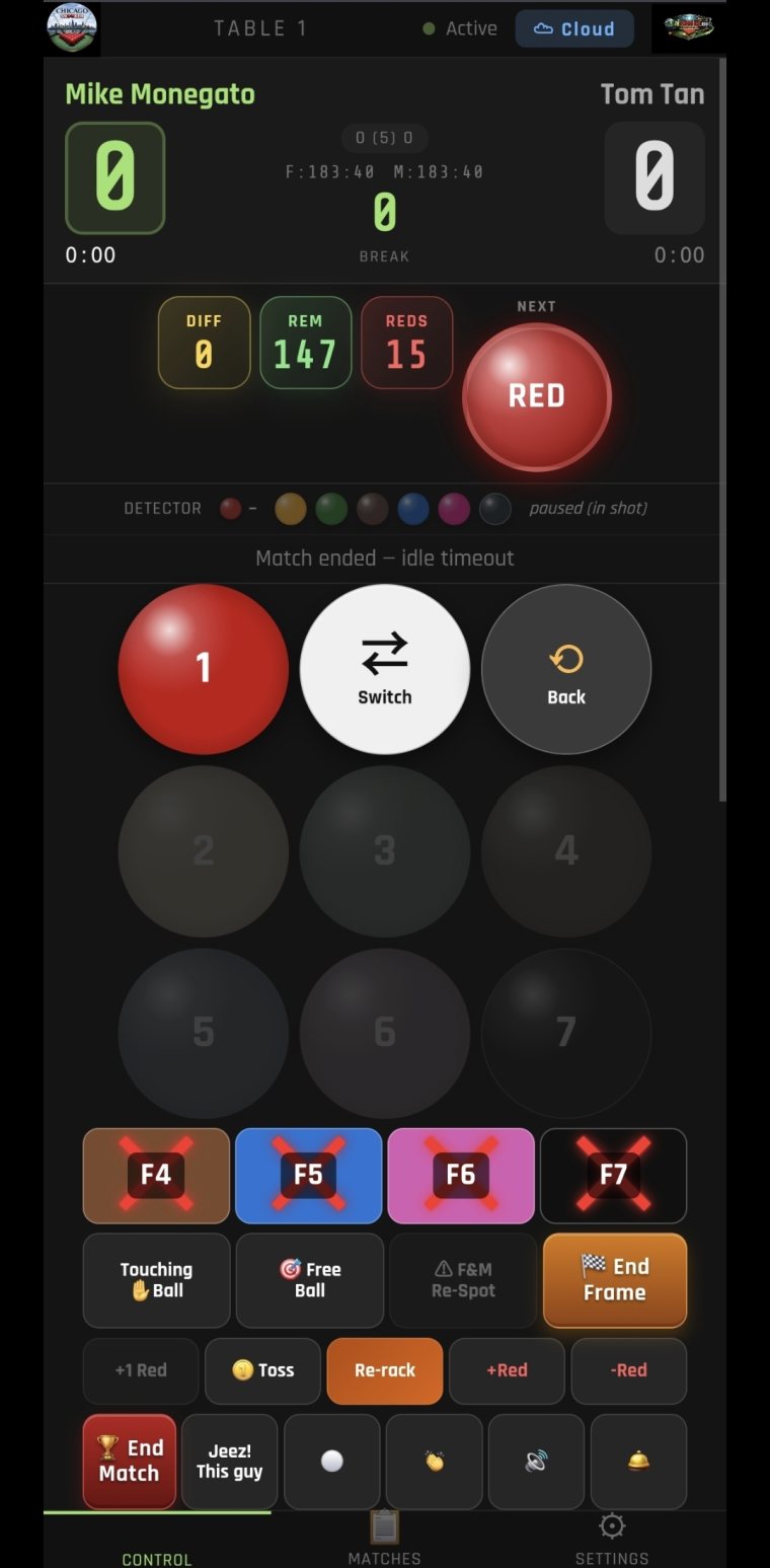 Live snooker scoreboard control on a phone — scores, break, remaining and reds, with ball-by-ball buttons