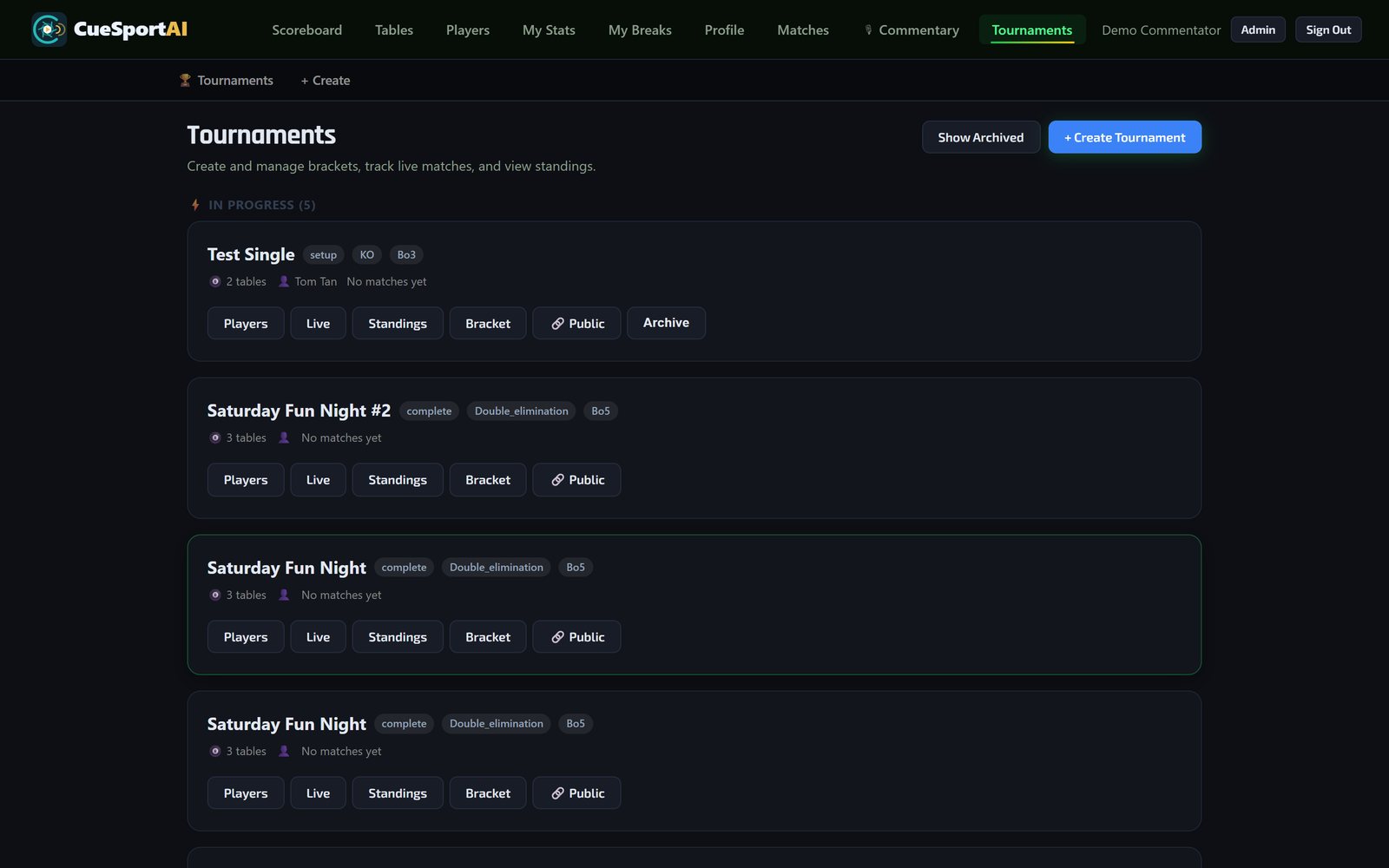 Tournament manager — brackets, standings and live view